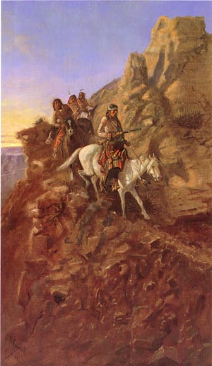 There May Be Danger Ahead (Hunting Party on Mountain Trail) - Charles M Russell reproduction oil painting