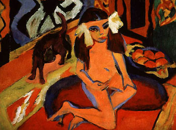 Girl with Cat Franzi P 1910 - Ernst Kirchner reproduction oil painting