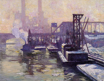 Winter Industrial Landscape on The Chicago River 1906 - Alson Skinner Clark reproduction oil painting