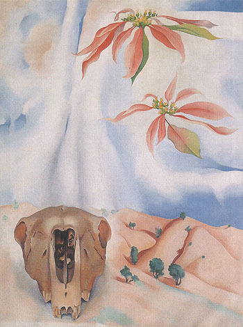 Mule Skull with Pink Ponsettia 1936 - Georgia O'Keeffe reproduction oil painting