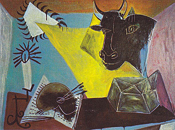 Still Life with Candle Palette and Black Bulls Head 1938 - Pablo Picasso reproduction oil painting