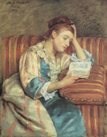 Mrs Duffee Seated on a Striped Sofa Reading 1876 - Mary Cassatt reproduction oil painting