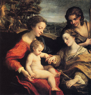 The Mystic Marriage of St Catherine with St Sebastian in the Background the Martyrdom of Two Saints c1526 - Antonio Allegri da Correggio reproduction oil painting