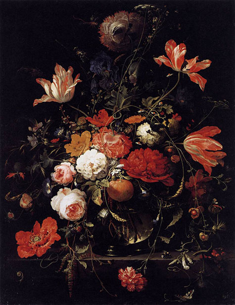 A Glass of Flowers and an Orange - Abraham Mignon reproduction oil painting