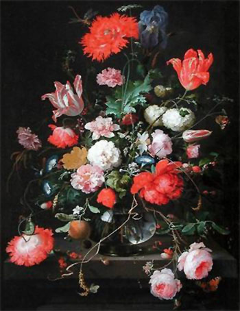 Flowers in a Crystal Decanter Placed on a Pedestal of Stone with a Dragonfly 1650 - Abraham Mignon reproduction oil painting