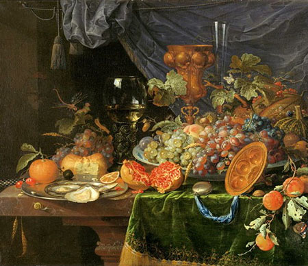 Still Life with Fruit and Oysters - Abraham Mignon reproduction oil painting