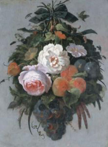 A Swag of Fruit and Flowers Hanging from a Nail - Abraham Mignon reproduction oil painting