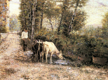 Cows Watering at A Quiet Pool - Eugenio Zampighi reproduction oil painting