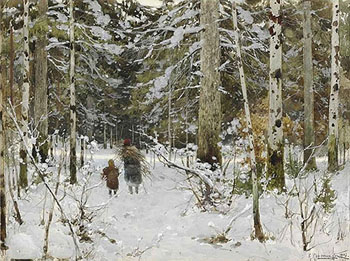 Gathering Branches in Winter - Konstantin Yakovlevich Kryzhitsky reproduction oil painting